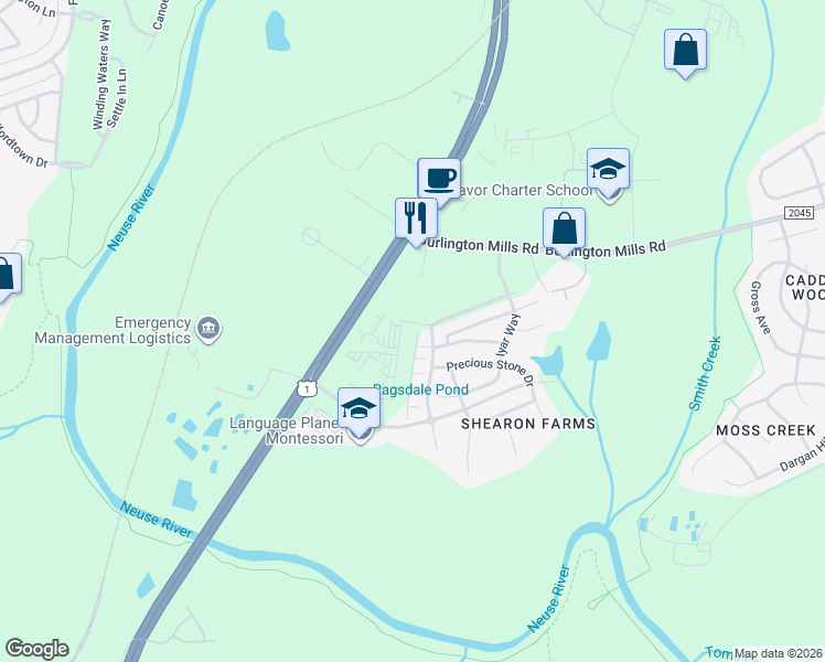 map of restaurants, bars, coffee shops, grocery stores, and more near 9941 Sweet Basil Drive in Wake Forest
