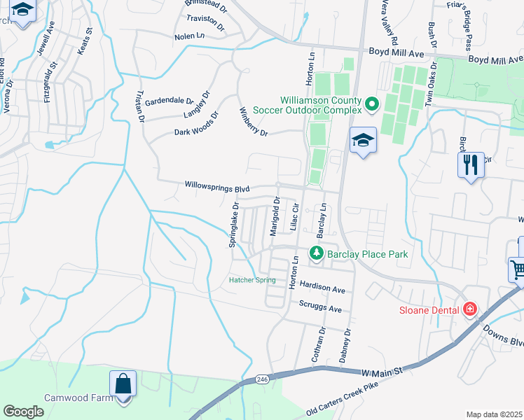 map of restaurants, bars, coffee shops, grocery stores, and more near 400 Verandah Lane in Franklin
