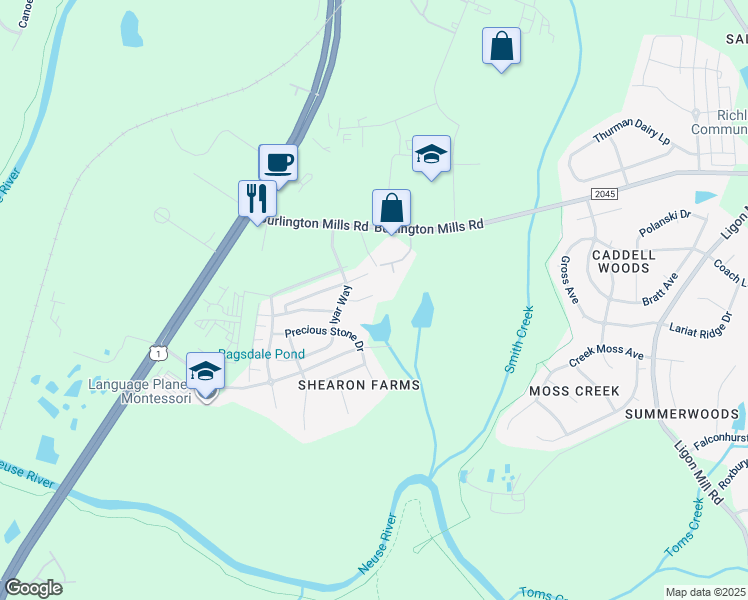 map of restaurants, bars, coffee shops, grocery stores, and more near 4530 Tarkiln Place in Wake Forest
