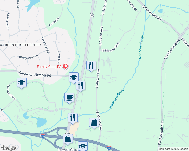 map of restaurants, bars, coffee shops, grocery stores, and more near 1725 Carpenter Fletcher Road in Durham
