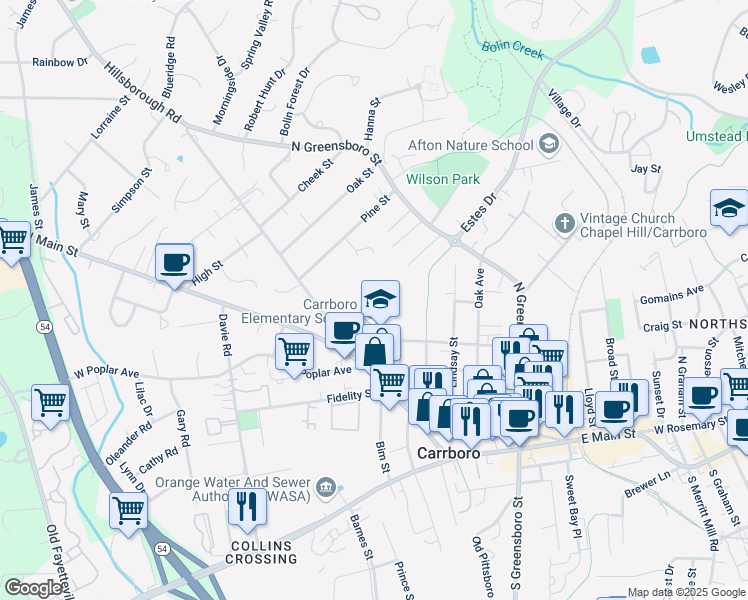 map of restaurants, bars, coffee shops, grocery stores, and more near 698 Shelton Street in Carrboro