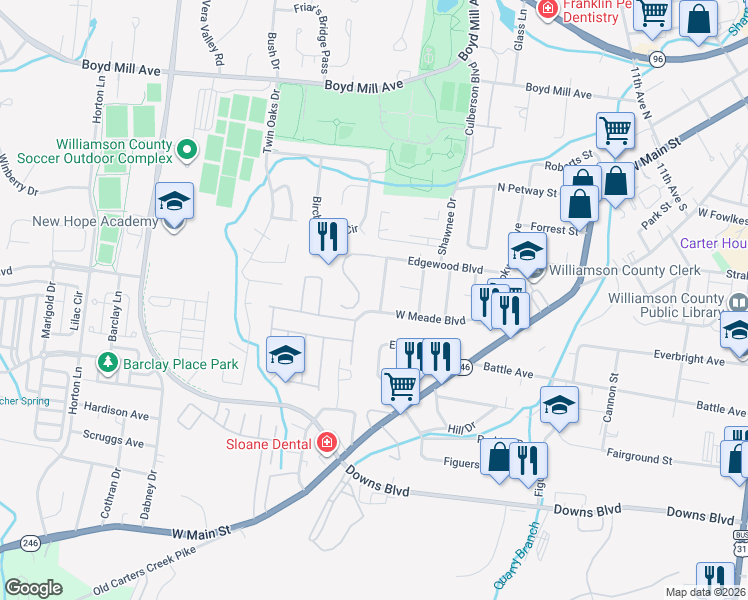 map of restaurants, bars, coffee shops, grocery stores, and more near 1309 Robin Hill Road in Franklin