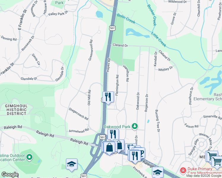 map of restaurants, bars, coffee shops, grocery stores, and more near 200 Hayes Road in Chapel Hill
