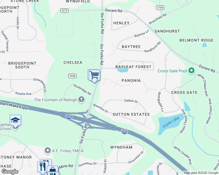 map of restaurants, bars, coffee shops, grocery stores, and more near 112 Carpathian Way in Raleigh