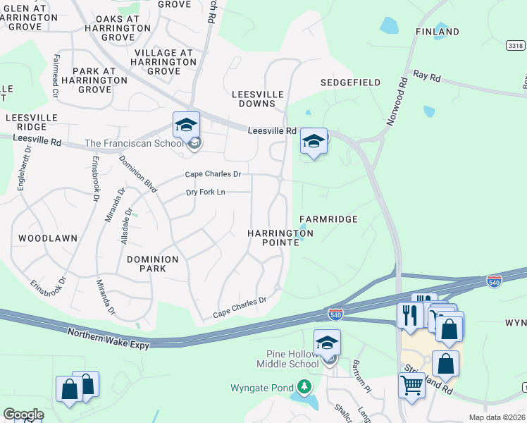 map of restaurants, bars, coffee shops, grocery stores, and more near 7861 Cape Charles Drive in Raleigh