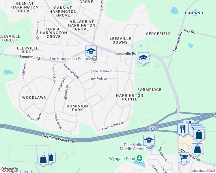 map of restaurants, bars, coffee shops, grocery stores, and more near 9628 Berryville Court in Raleigh