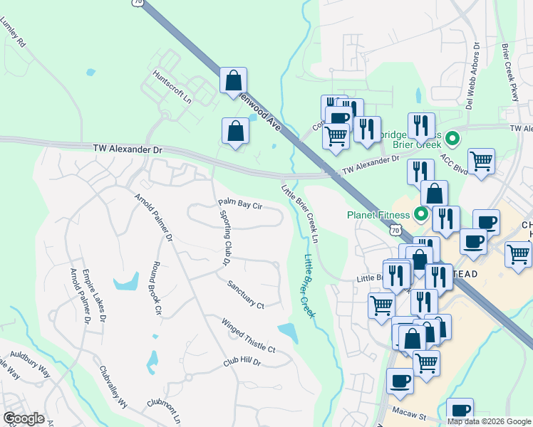 map of restaurants, bars, coffee shops, grocery stores, and more near 9236 Palm Bay Circle in Raleigh