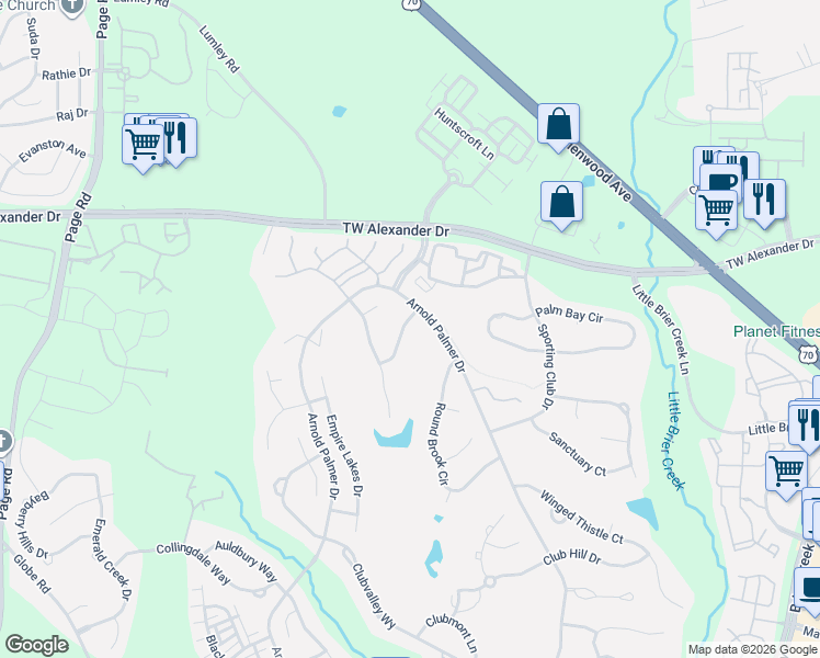 map of restaurants, bars, coffee shops, grocery stores, and more near 9404 Centerwood Drive in Raleigh