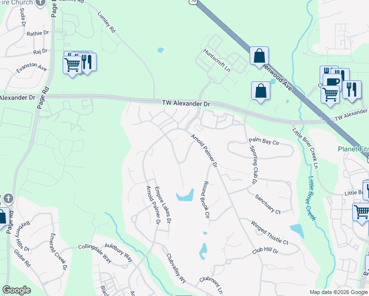 map of restaurants, bars, coffee shops, grocery stores, and more near 9404 Centerwood Drive in Raleigh