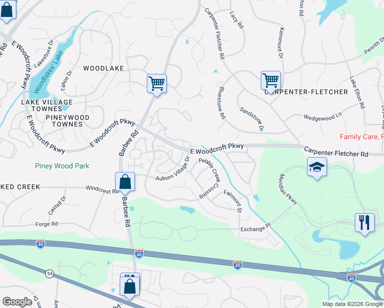 map of restaurants, bars, coffee shops, grocery stores, and more near 300 Auburn Village Drive in Durham