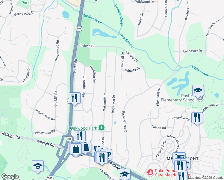 map of restaurants, bars, coffee shops, grocery stores, and more near 22 Kendall Drive in Chapel Hill