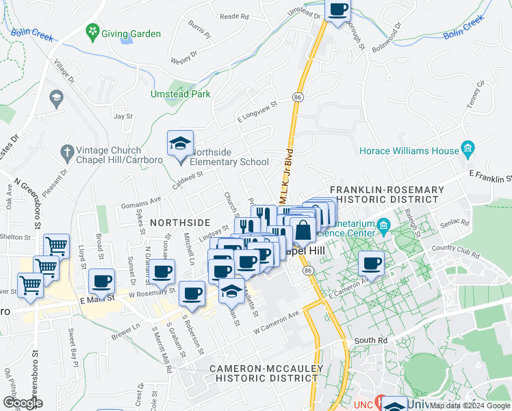 map of restaurants, bars, coffee shops, grocery stores, and more near 411 Pritchard Avenue in Chapel Hill