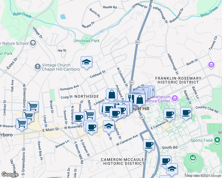 map of restaurants, bars, coffee shops, grocery stores, and more near 411 Pritchard Avenue in Chapel Hill