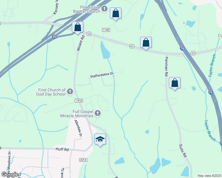 map of restaurants, bars, coffee shops, grocery stores, and more near 7108 Buxenbury Drive in High Point