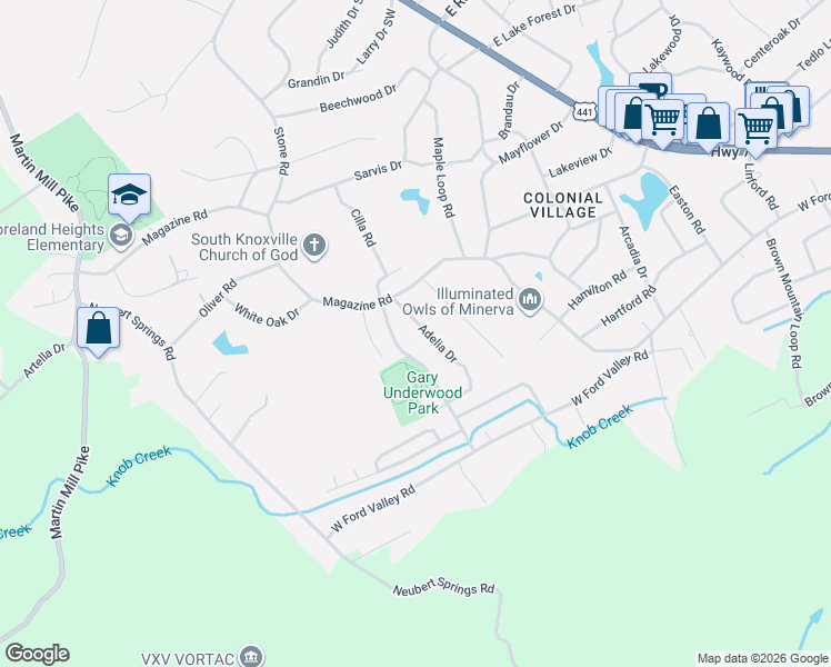 map of restaurants, bars, coffee shops, grocery stores, and more near 5905 Adelia Drive in Knoxville