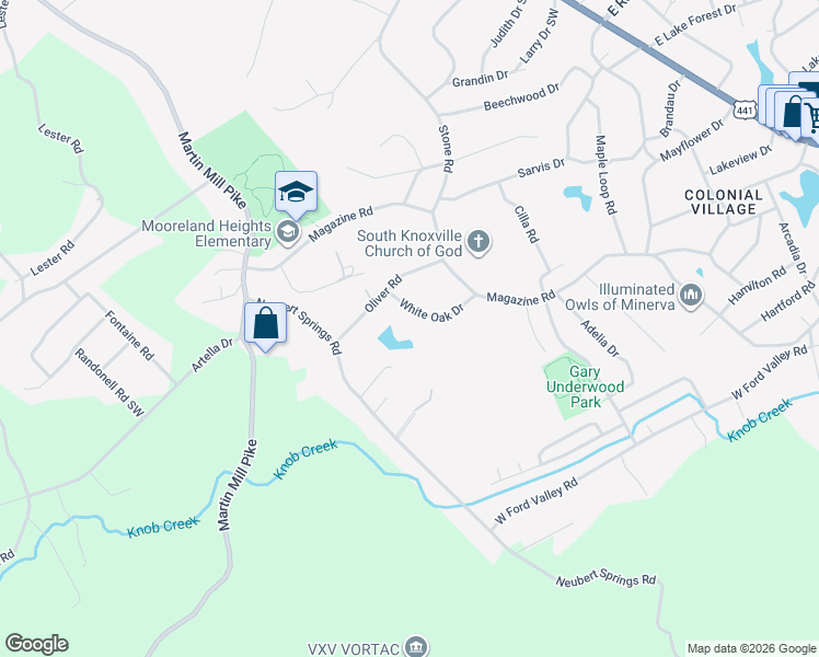 map of restaurants, bars, coffee shops, grocery stores, and more near 708 White Oak Drive in Knoxville