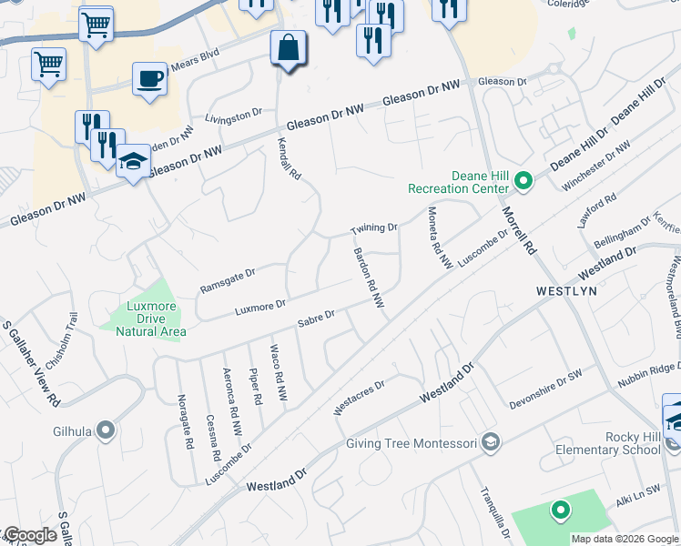 map of restaurants, bars, coffee shops, grocery stores, and more near 504 Bosworth Road Northwest in Knoxville