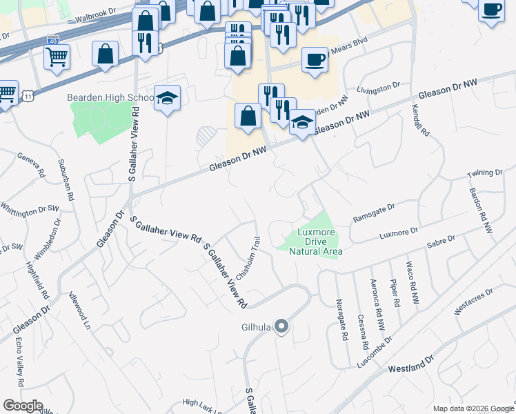 map of restaurants, bars, coffee shops, grocery stores, and more near 428 Chisholm Trail in Knoxville