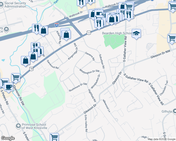 map of restaurants, bars, coffee shops, grocery stores, and more near 8612 Hempstead Drive in Knoxville