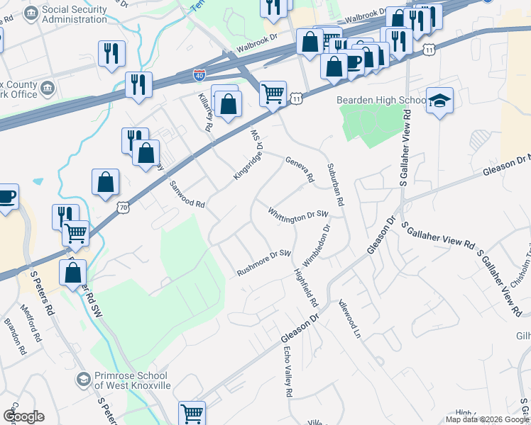 map of restaurants, bars, coffee shops, grocery stores, and more near 204 Whittington Drive Southwest in Knoxville