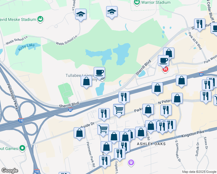 map of restaurants, bars, coffee shops, grocery stores, and more near 9721 Sherrill Boulevard in Knoxville