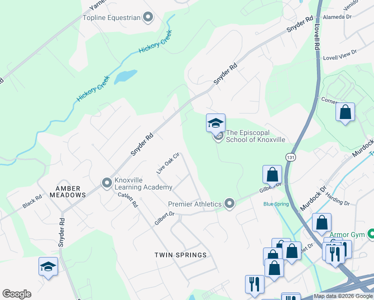 map of restaurants, bars, coffee shops, grocery stores, and more near 11204 Snyder Road in Knoxville