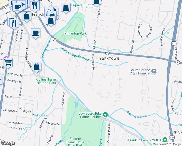 map of restaurants, bars, coffee shops, grocery stores, and more near 111 Blue Grass Drive in Franklin