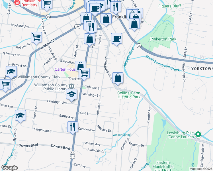map of restaurants, bars, coffee shops, grocery stores, and more near 210 Lewisburg Avenue in Franklin