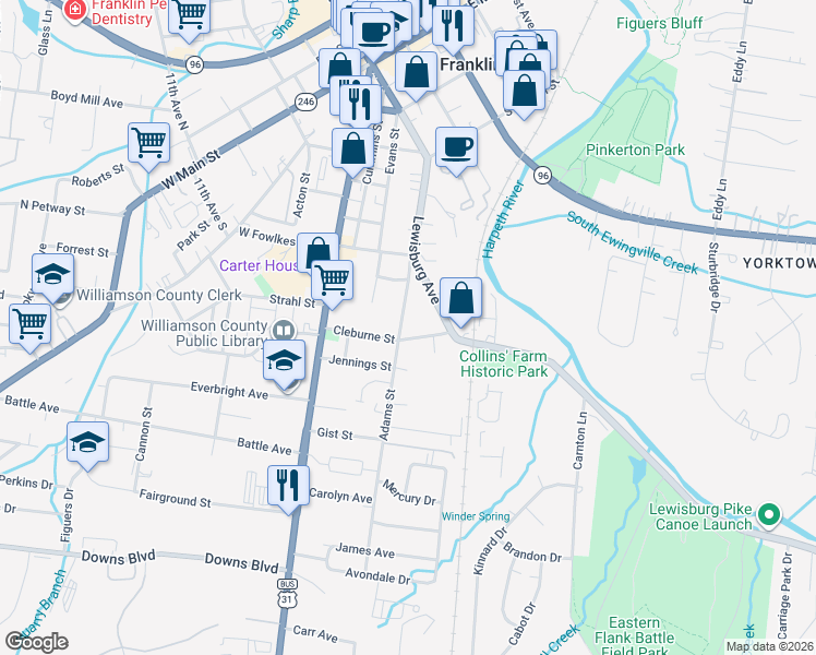 map of restaurants, bars, coffee shops, grocery stores, and more near 210 Lewisburg Avenue in Franklin