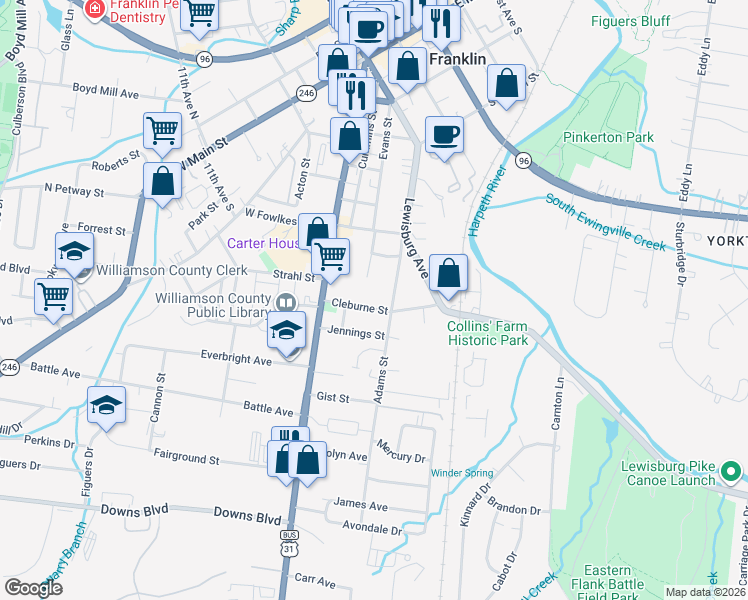 map of restaurants, bars, coffee shops, grocery stores, and more near 1119 Parkview Drive in Franklin