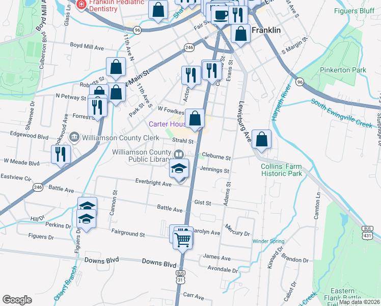 map of restaurants, bars, coffee shops, grocery stores, and more near 1200 Columbia Avenue in Franklin