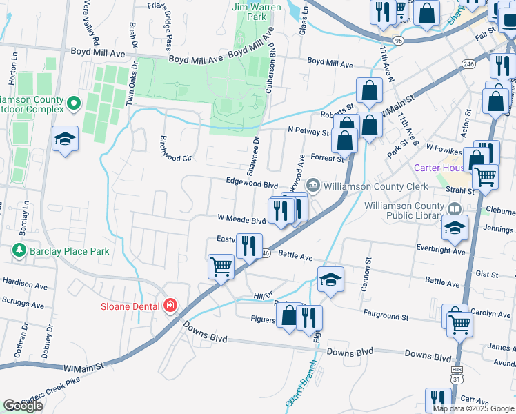map of restaurants, bars, coffee shops, grocery stores, and more near 1257 Chickering Drive in Franklin