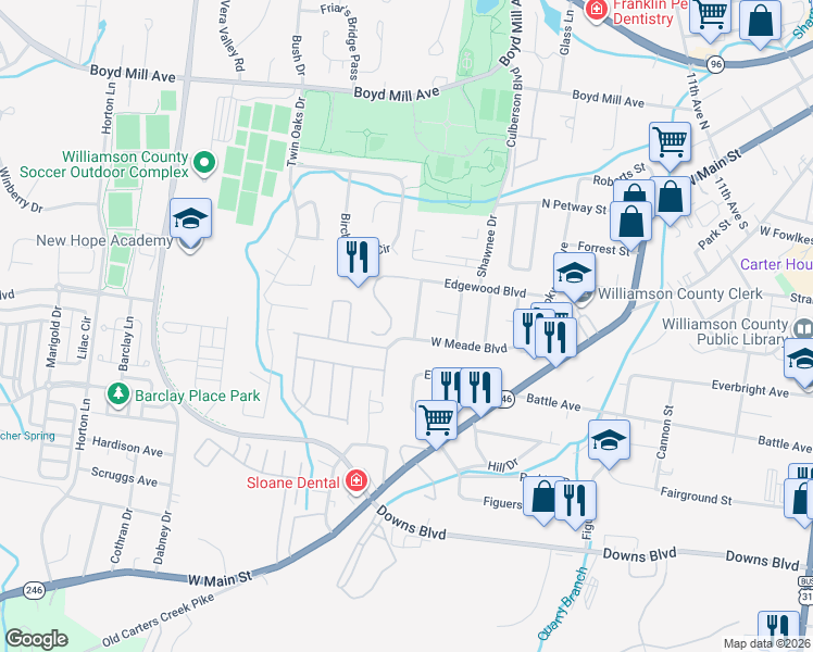 map of restaurants, bars, coffee shops, grocery stores, and more near 1309 Robin Hill Road in Franklin