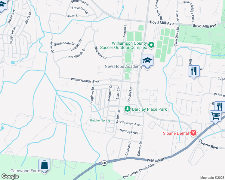 map of restaurants, bars, coffee shops, grocery stores, and more near 847 Lilac Circle in Franklin