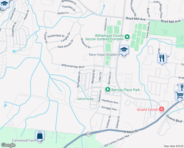 map of restaurants, bars, coffee shops, grocery stores, and more near 318 Sundance Lane in Franklin