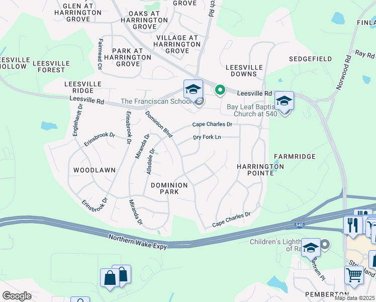 map of restaurants, bars, coffee shops, grocery stores, and more near 9705 Batesville Drive in Raleigh