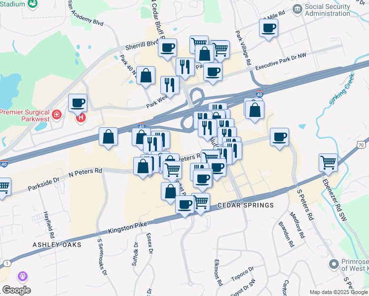 map of restaurants, bars, coffee shops, grocery stores, and more near 209 Advantage Place in Knoxville