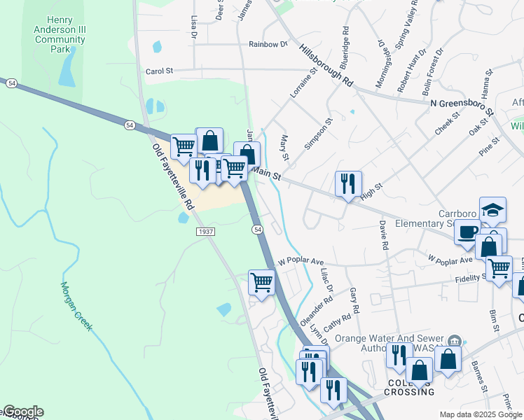 map of restaurants, bars, coffee shops, grocery stores, and more near 113 North Carolina 54 in Carrboro