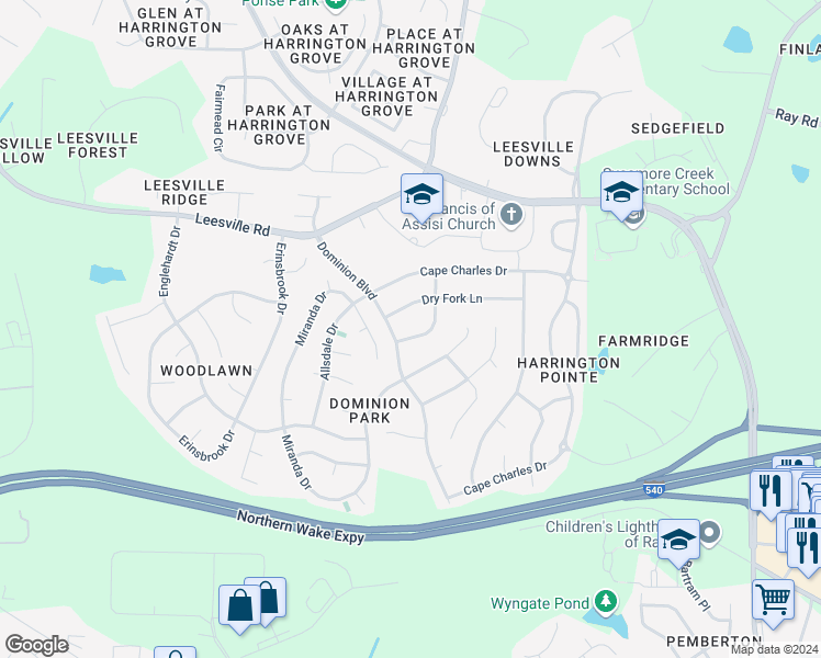 map of restaurants, bars, coffee shops, grocery stores, and more near 9705 Batesville Drive in Raleigh