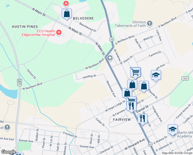 map of restaurants, bars, coffee shops, grocery stores, and more near 210 Hasting Street in Tarboro