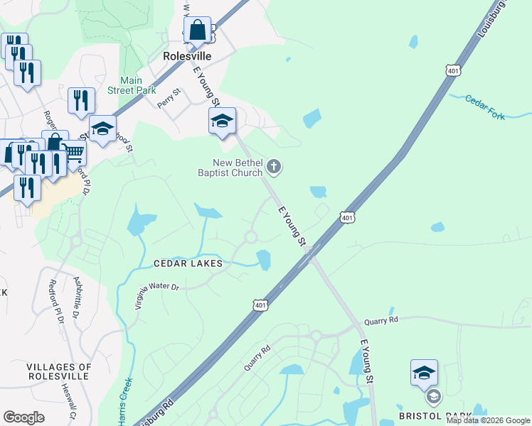 map of restaurants, bars, coffee shops, grocery stores, and more near 1119 Virginia Water Drive in Rolesville