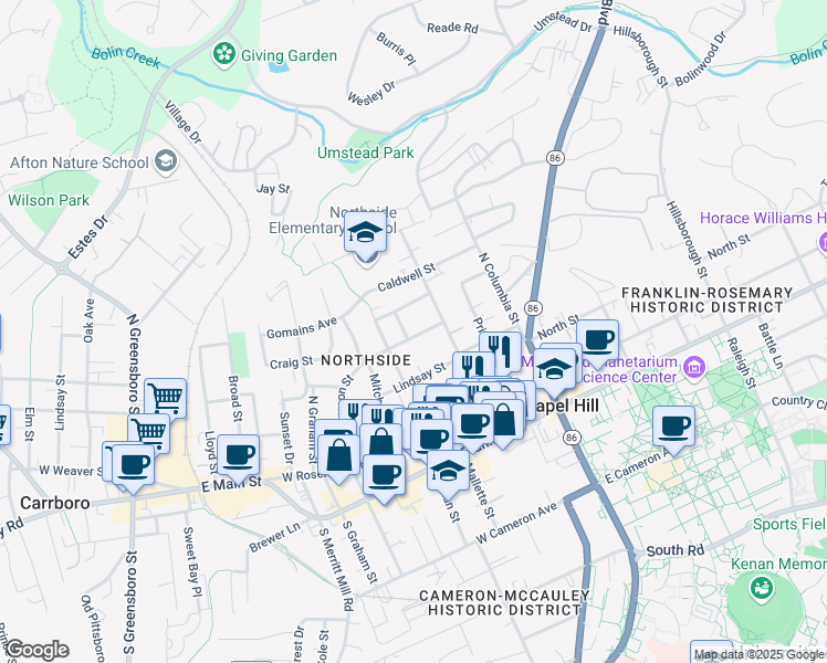map of restaurants, bars, coffee shops, grocery stores, and more near 312 McDade Street in Chapel Hill
