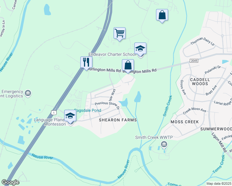 map of restaurants, bars, coffee shops, grocery stores, and more near 4501 Tarkiln Place in Wake Forest