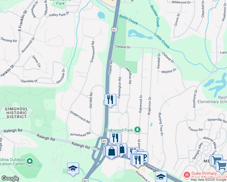 map of restaurants, bars, coffee shops, grocery stores, and more near 200 Hayes Road in Chapel Hill