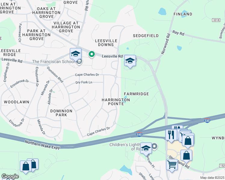 map of restaurants, bars, coffee shops, grocery stores, and more near 7861 Cape Charles Drive in Raleigh