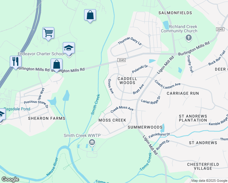 map of restaurants, bars, coffee shops, grocery stores, and more near 2814 Gross Avenue in Wake Forest