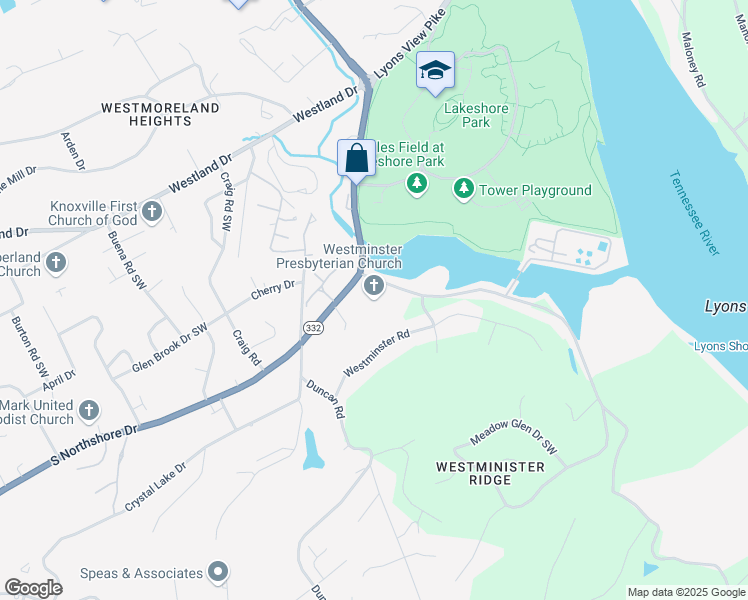 map of restaurants, bars, coffee shops, grocery stores, and more near 6500 South Northshore Drive in Knoxville