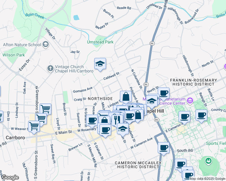map of restaurants, bars, coffee shops, grocery stores, and more near 312 McDade Street in Chapel Hill