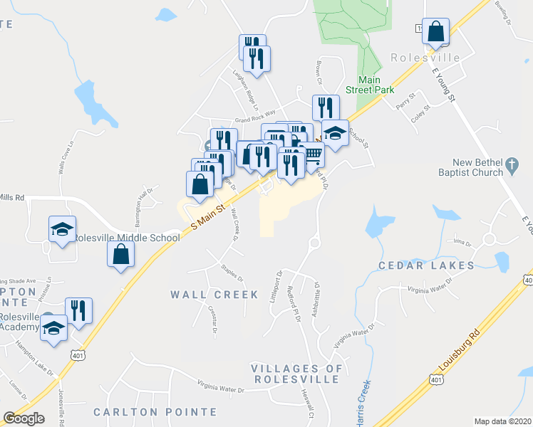 map of restaurants, bars, coffee shops, grocery stores, and more near 417 South Main Street in Rolesville