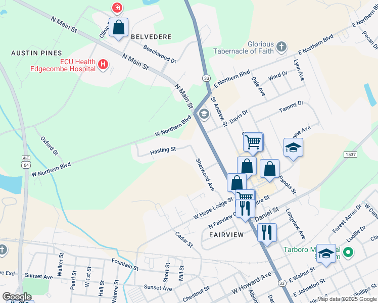 map of restaurants, bars, coffee shops, grocery stores, and more near 2270 Sherwood Avenue in Tarboro